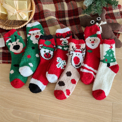 3 Pairs Coral Fleece Christmas Socks Cartoon Cute Women's Mid-calf Socks Autumn Winter Thickened Warm Floor Socks Sleep Socks